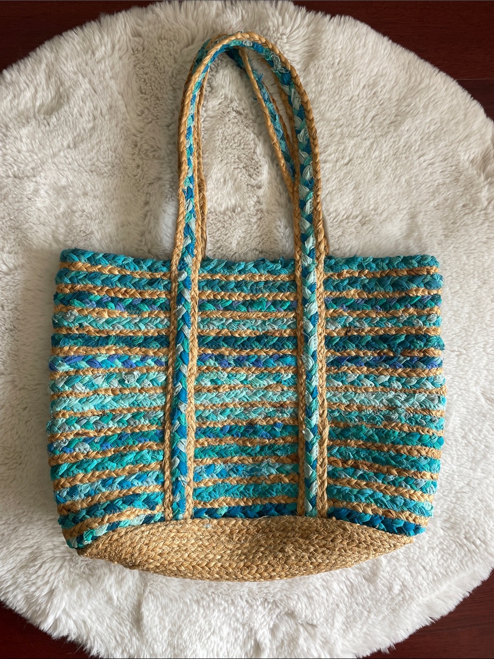 Woven Teal and Natural Straw Tote Bag - Unbranded
